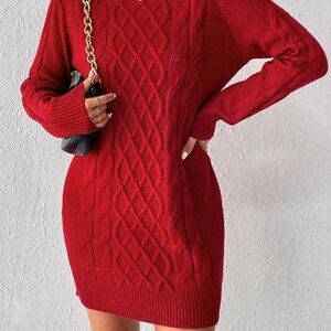 NWT Cable Knit Round Neck Sweater Dress - Long Sleeve, Knee Length, Slim Fit (L)